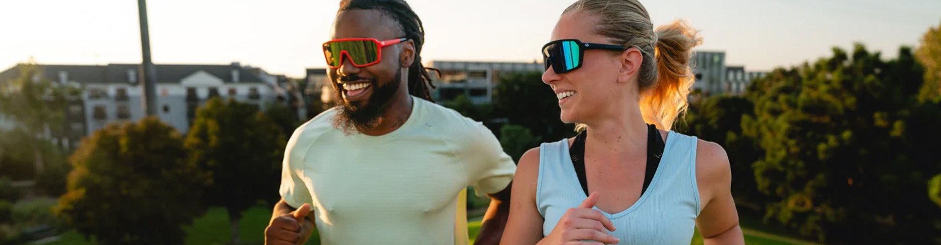 2 people running with Optic Nerve glasses on